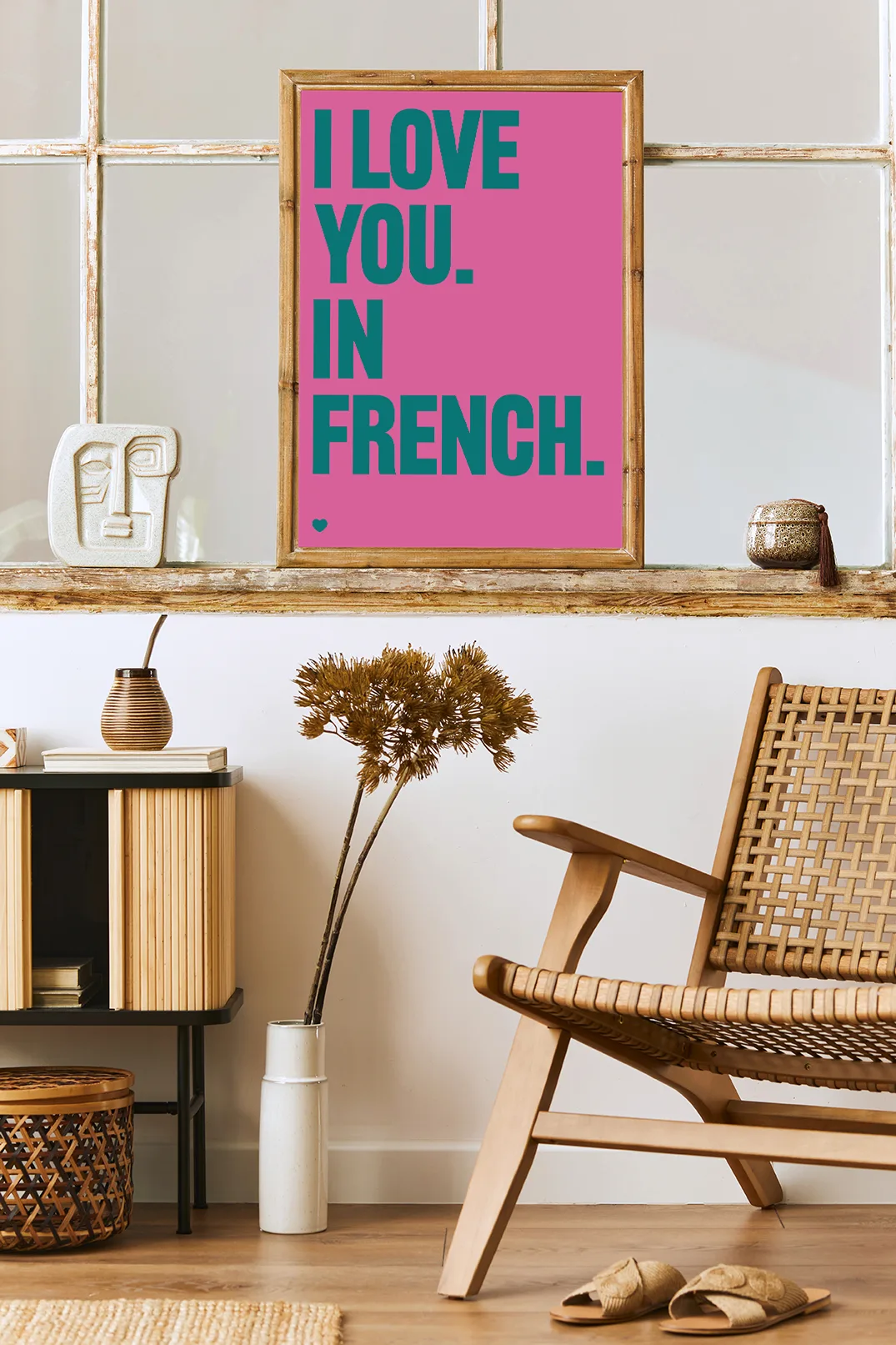 Zithoek met poster I love you in french groen/roze